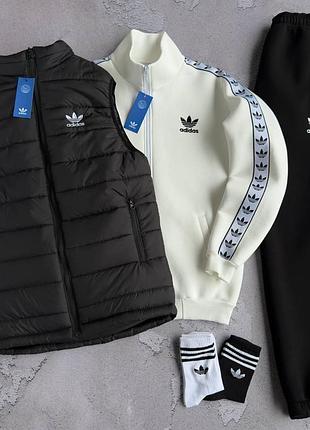 Чоловічий зимовий спортивний костюм adidas 3в1 костюм жилетка білий набір адідас без капюшона утеплений (b)