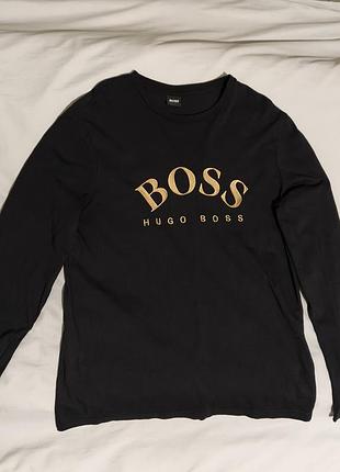 Лонгслів чоловічий boss чорний з золотистим логотипом