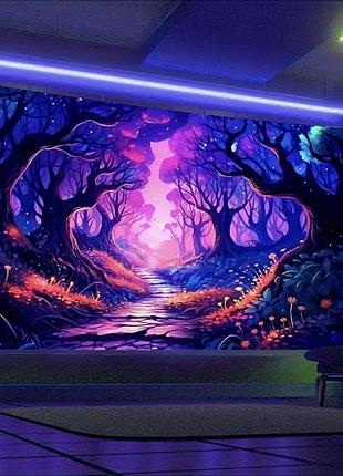Гобелен настінний флуоресцентний 150х130 см дерево нічний ліс на стіну дерево життя