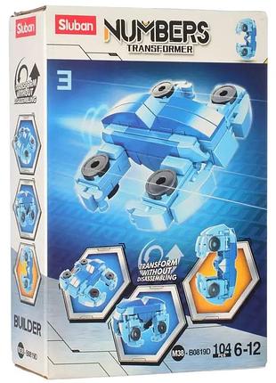 Конструктор sluban numbers transformer 2 в 1, цифра-транспорт no3, голубой, 104 детали, 6-12 г.