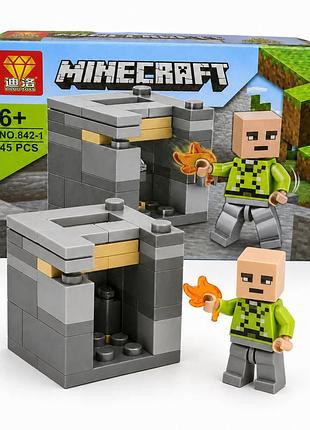 Конструктор minecraft із героєм у костюмі кріпера та сірою печерою, 45 деталей, 6+