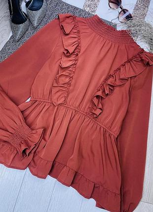 Теракотова блуза boohoo xxl святкова блуза з рюшами блуза великого розміру з об’ємними рукавами