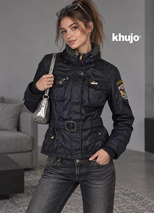 Женская оригинальная темно синяя куртка с поясом khujo l