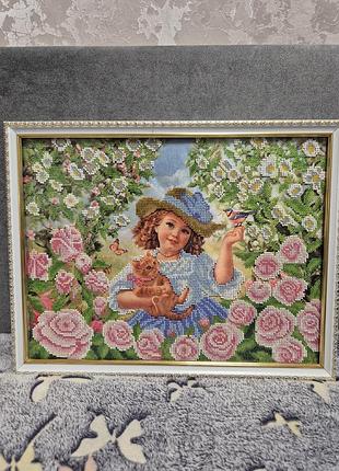 Картина вишита бісером дівчинка з кошеням