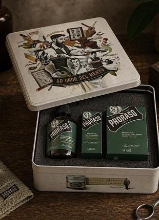 Набір для догляду за бородою з шампунем бальзамом та олією proraso metal box beard care refresh