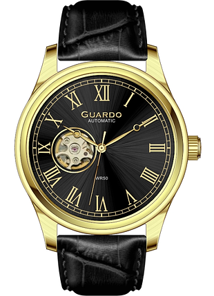 Мужские механические часы guardo luxury collection sa03016-4 золотистый корпус кожаный ремешок водозащита 50 м чёрный циферблат