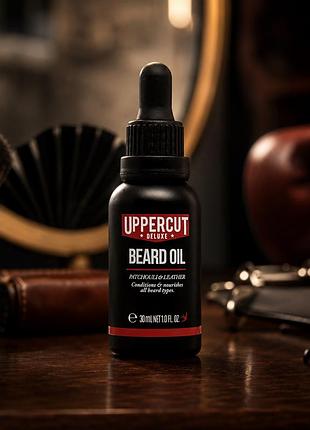 Олія для бороди uppercut deluxe beard oil 30 мл нежирна з арганою жожоба авокадо аромат пачулі та шкіра