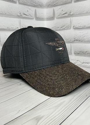 Бейсболка плащевка с ушками aeronautica, теплая зимняя кепка на флисе черная, 57