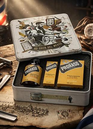 Подарочный набор для бороды proraso metal box wood & spice шампунь масло бальзам