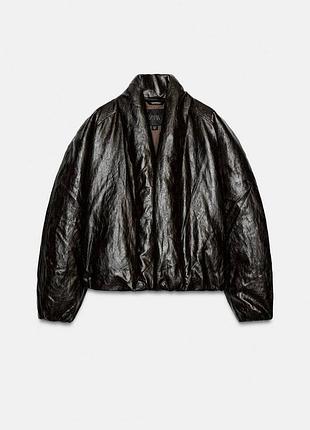 Жіноча пухова куртка бомбер з еко шкіри zara