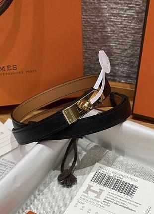 Жіночий чорний шкіряний ремінь hermes kelly 1.8 см золота пряжка ермес