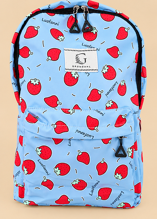 Детский/текстильный/полосный рюкзак голубого цвета с клубничками распродаж!