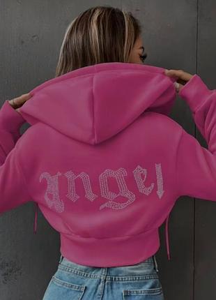 Рожеве жіноче худі на блискавці angel, коротка кофта з капюшоном
