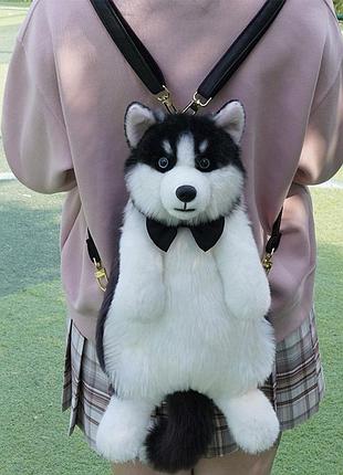Рюкзак пушистый хаски husky с бабочкой белый, черный