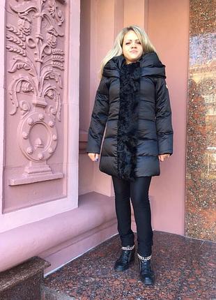 Пуховик женский зимний черный на молнии с мехом козы и съемным рукавом