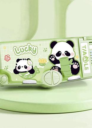 Пенал шкільний панда panda з калькулятором точилкою ножицями ножиці калькулятор зелений
