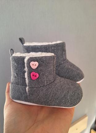 Теплые пинетки-чебитки baby (12-18 мес) | серые с пуговицами сердечками