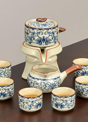 Чайный сервиз голубой цветок blue flower автоматический в китайском стиле 9 предметов белый, синий