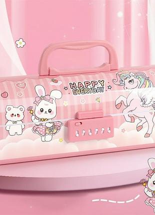 Пенал happy everyday дворівневий з кодовим замком та мультяшним принтом рожевий