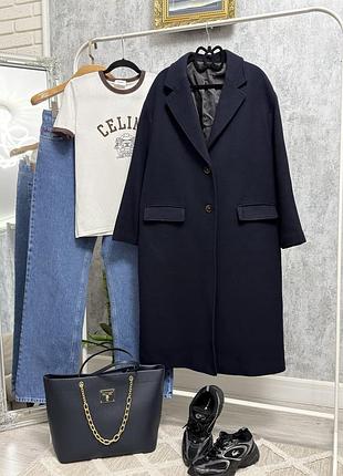 Стильне жіноче пальто від відомого бренду zara у глибокому темно-синьому кольорі