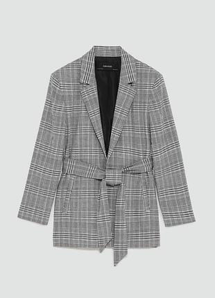 Жіночий піджак zara в клітинку з поясом, сірий