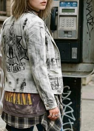 Варений джинсовий піджак grunge /y2k з принтом chili bang bang.  розм.xl