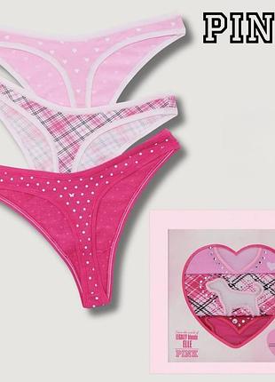 Трусики стрінги pink victoria’s secret, подарунковий набір (3 шт), розмір xs