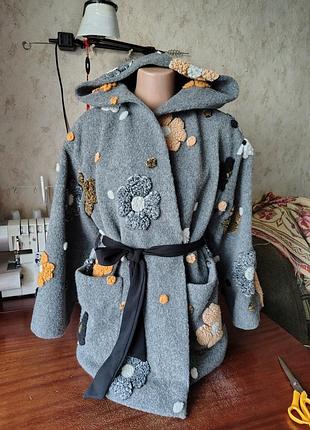 Пальто жіноче sherpa шерпа кімоно з 3d квітами та поясом вовна