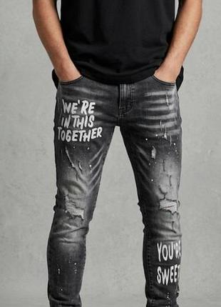 Крутые мужские джинсы скинни с надписями, рваностями leeyo jeans w40, xxl, 52-54