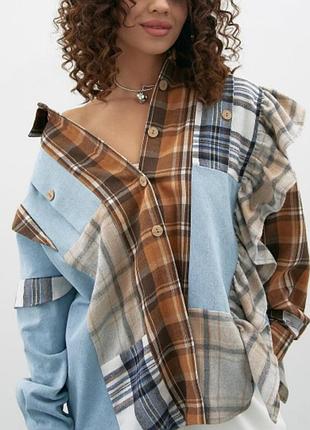 Комбінована сорочка bekhtir / patchwork / фланель + денім клітинка  рюші oversize