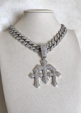 Ланцюжок кулон хрести з камінцями хром хартс chrome hearts triple cross iced out