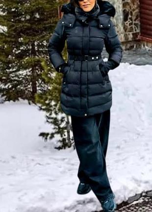Черная стеганая пуховая куртка zara р.s,m.l.xl водоотталкивающая ветрозащитный пуховик с пояском и капюшоном