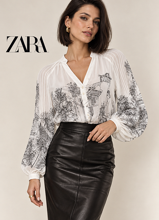 Zara шифонова принтована блузка з рукавичками гафре