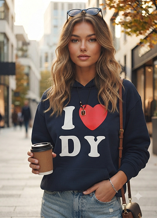 Стильное темно-синий худи с принтом «i ❤️ dy», нове, утеплене