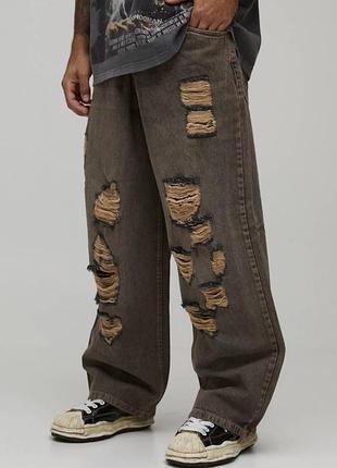 Boohooman extreme baggy чоловічі джинси stone, uk/us 44 eur 60, широкі рвані, 100% cotton, нові з бірками, оригінал, streetwear