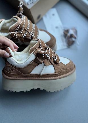 Черевики утеплені ugg на шнурівці та платформі коричневі з білим