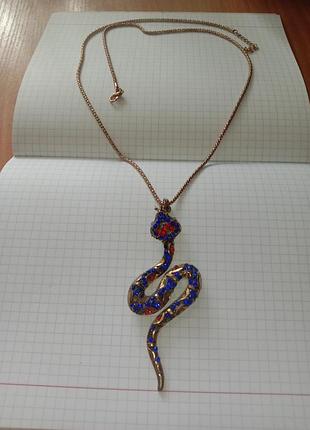 Кулон подвеска большой змея 🐍 кобра синий красный золотистый на цепочке винтажный