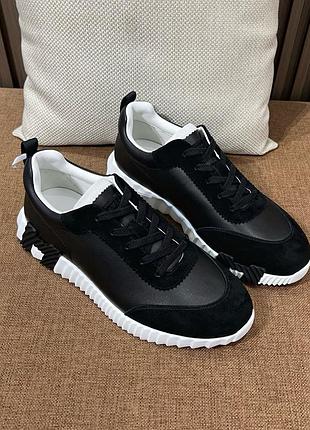 Черные женские кожаные кроссовки hermes bouncing с белой вставкой эрмес кеды