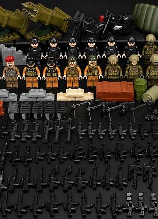 Комплект фигурок солдаты с миномётами, пулемётами и укреплениями для lego лего