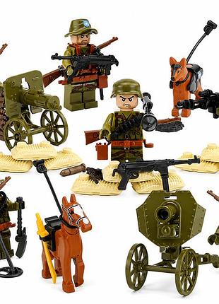 Комплект фигурок солдаты с артиллерией, пулемётом и собакой для лего lego