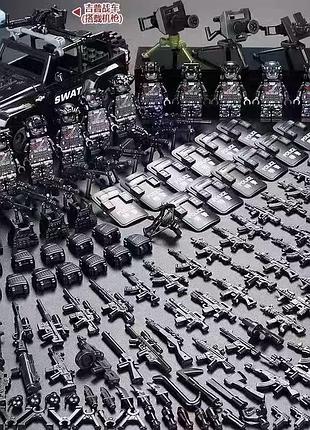 Набор фигурок swat 8 шт с черным джипом, щитами police и большим арсеналом для лего lego