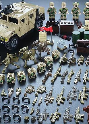 Набор фигурок 10 солдат в песочном камуфляже с военным автомобилем, мотоциклом и оружием для лего lego