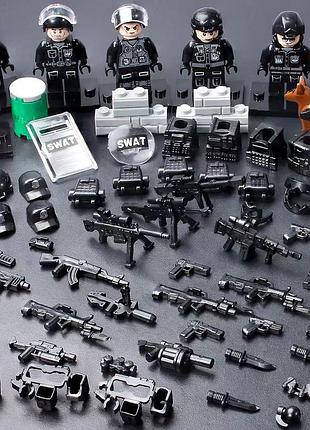 Комплект фигурок swat 6 шт, черные, щиты и оружие, собака polizei, для лего lego