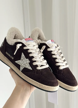 Жіночі коричневі шкіряні зимові кросівки з хутром golden goose super-star із зіркою білі кеди хутро 42 ( на 40-41)