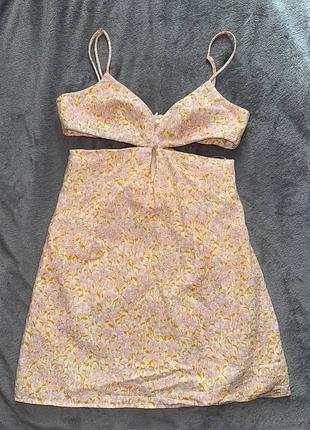 Оригінальна лляна мінісукня zara floral linen blend cut out mini dress