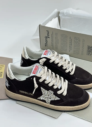 Жіночі коричневі кросівки кеди golden goose super-star зі срібною зіркою голден гуса