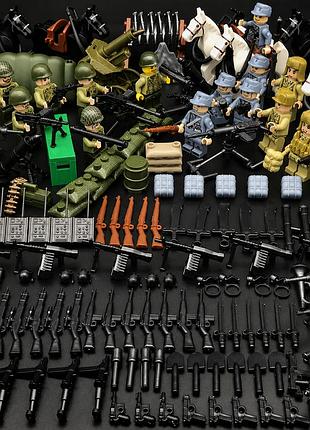 Комплект фигурок солдаты второй мировой войны с артиллерией, баррикадами и техникой для lego лего