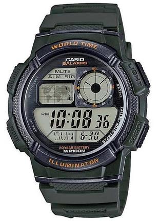 Мужские часы casio ae-1000w-3a полимерный ремешок зелёный дисплей