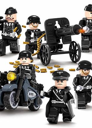Комплект фигурок немецкие военные с мотоциклом и пулемётной установкой для lego лего