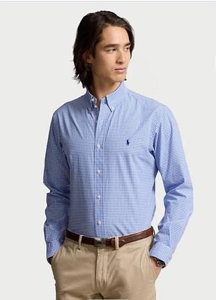 Чоловіча класична сорочка polo ralph lauren у дрібну блакитно-білу клітинку (візерунок гінгем).